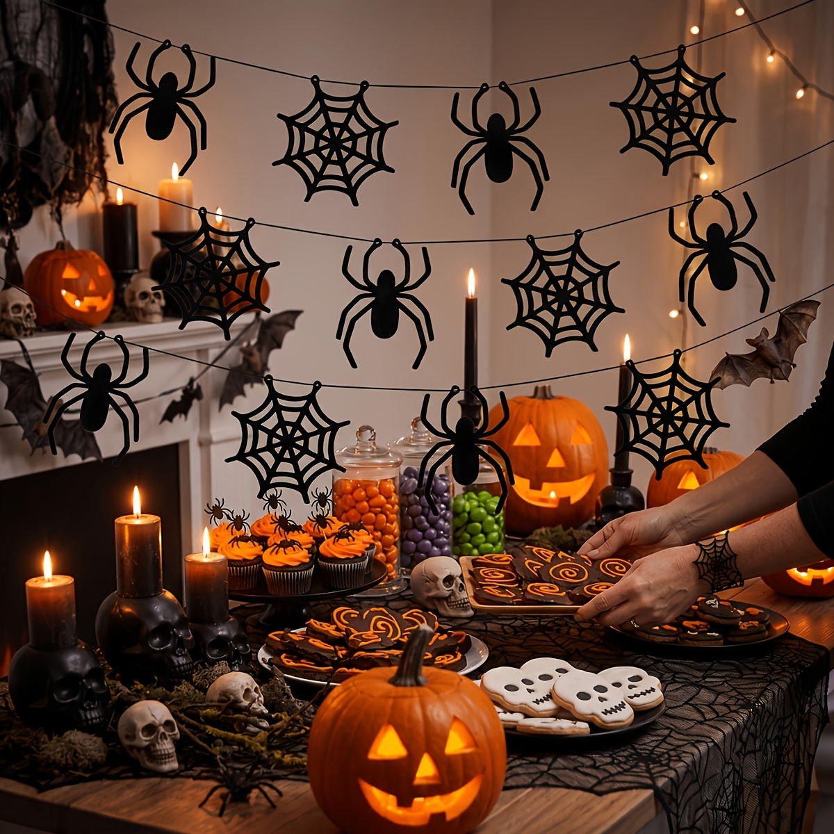 Spider Web Halloween Decoration - 2 set hiasan garland jaring laba-laba