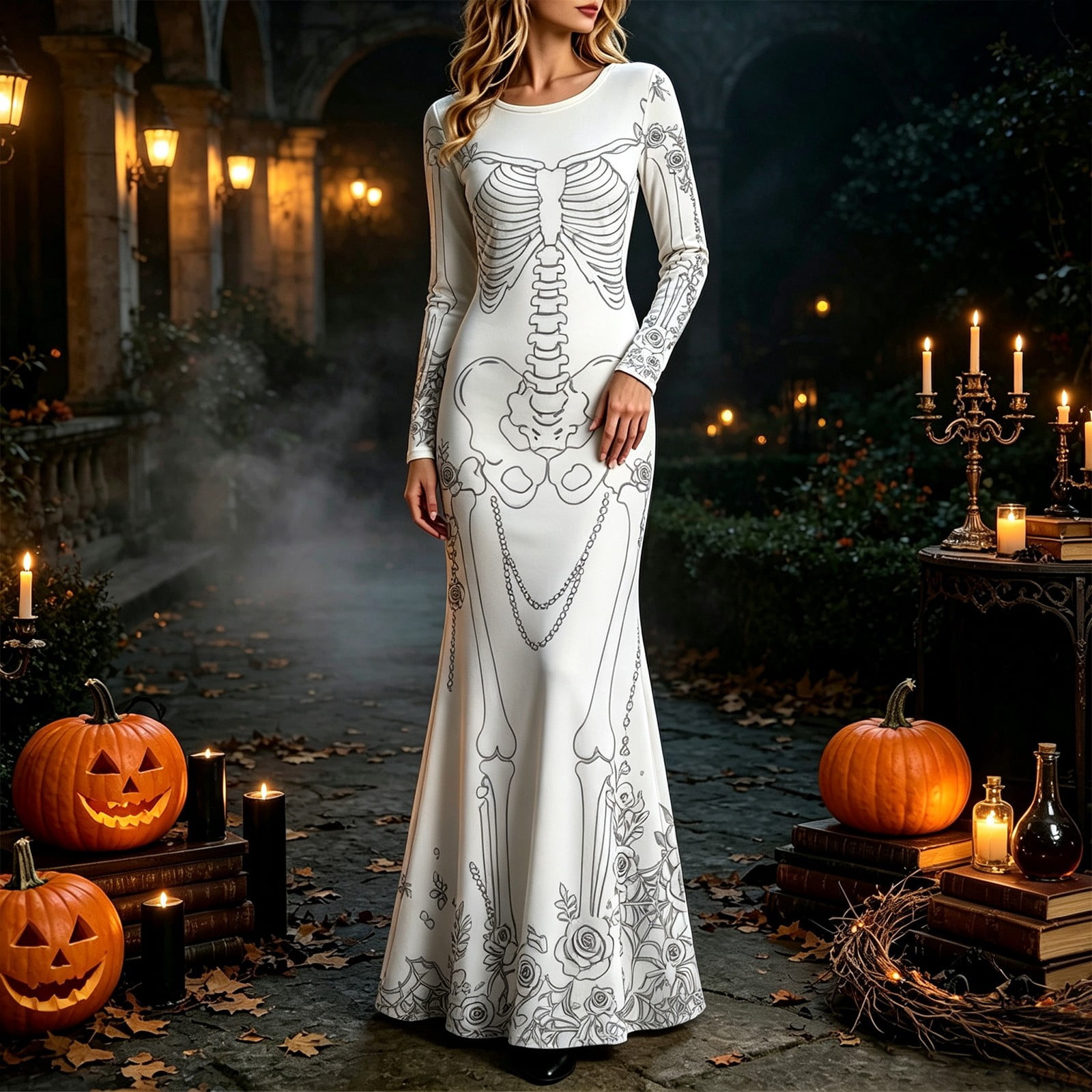 Halloween Skeleton Decoration - Gaun Maxi Motif Mawar Kerangka untuk