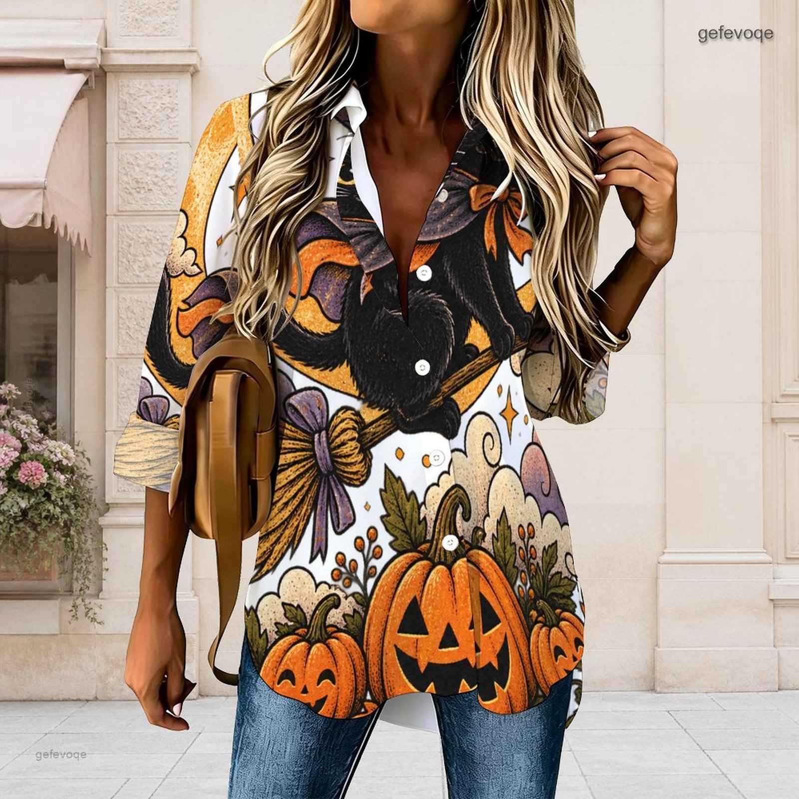 Pumpkin Lantern Halloween - Kemeja Berkerah Motif Halloween untuk Wanita,