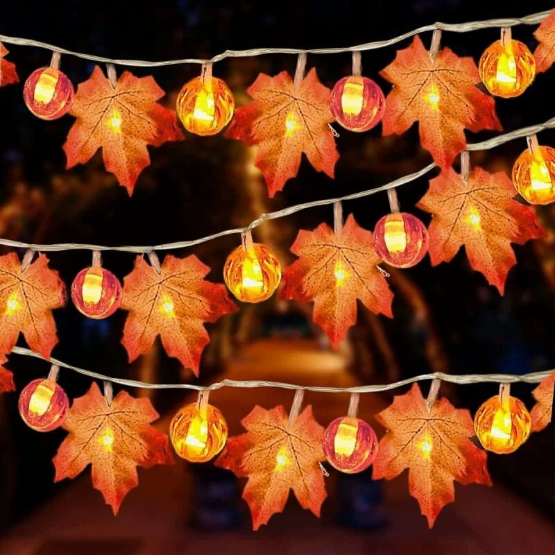 Halloween Led String Lights Orange - 59/118in Lampu Tali Daun Maple Labu